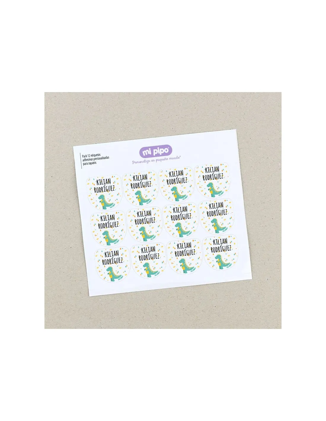 Pack 12 etiquetas personalizadas para zapatos Dinosaurio Mi Pipo