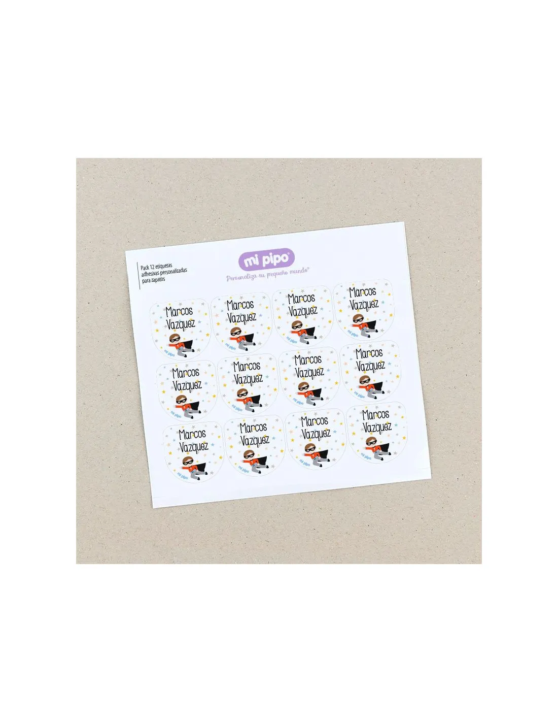 Pack 12 etiquetas personalizadas para zapatos Superhéroe Mi Pipo
