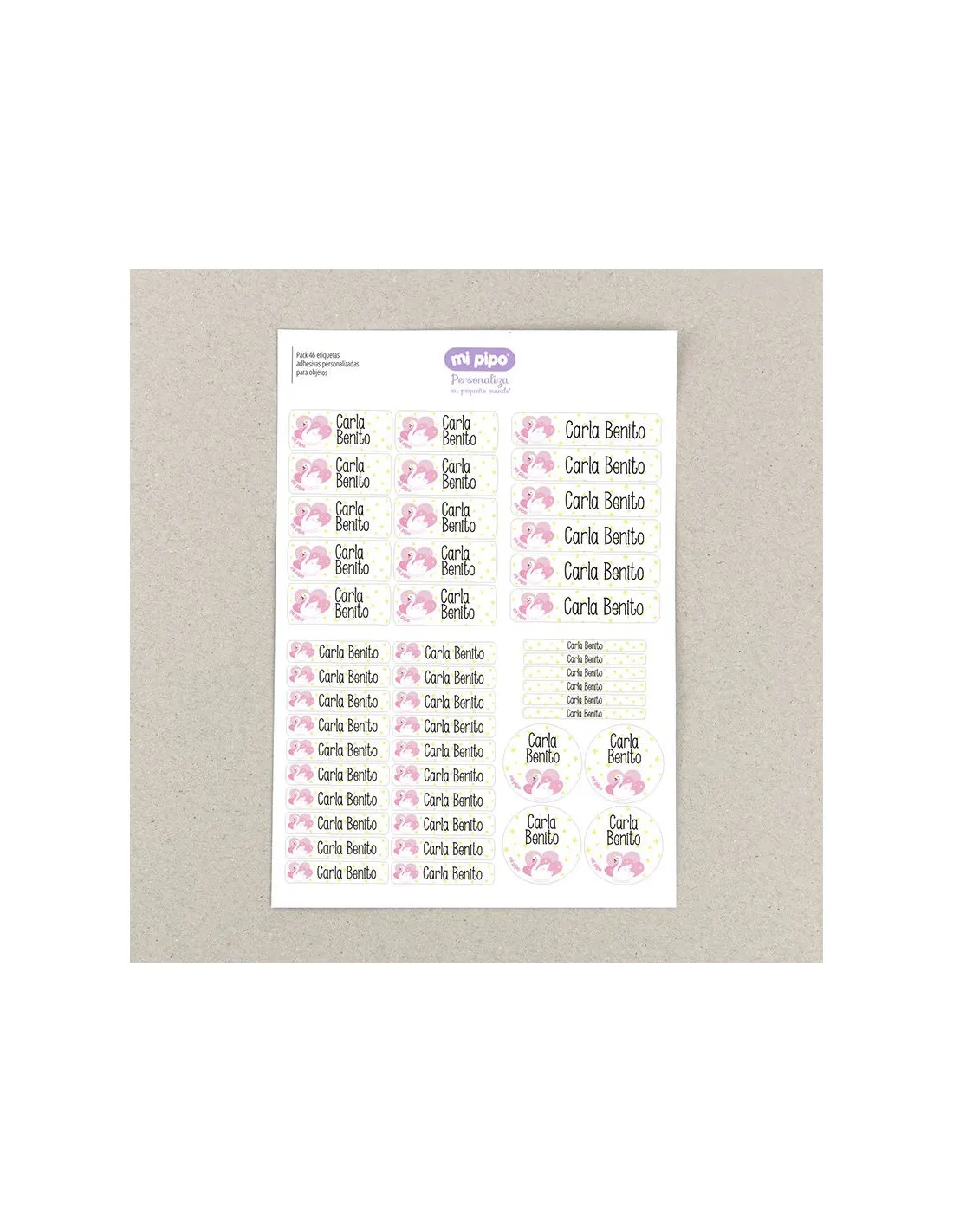 Pack 46 etiquetas personalizadas para objetos Cisne Mi Pipo