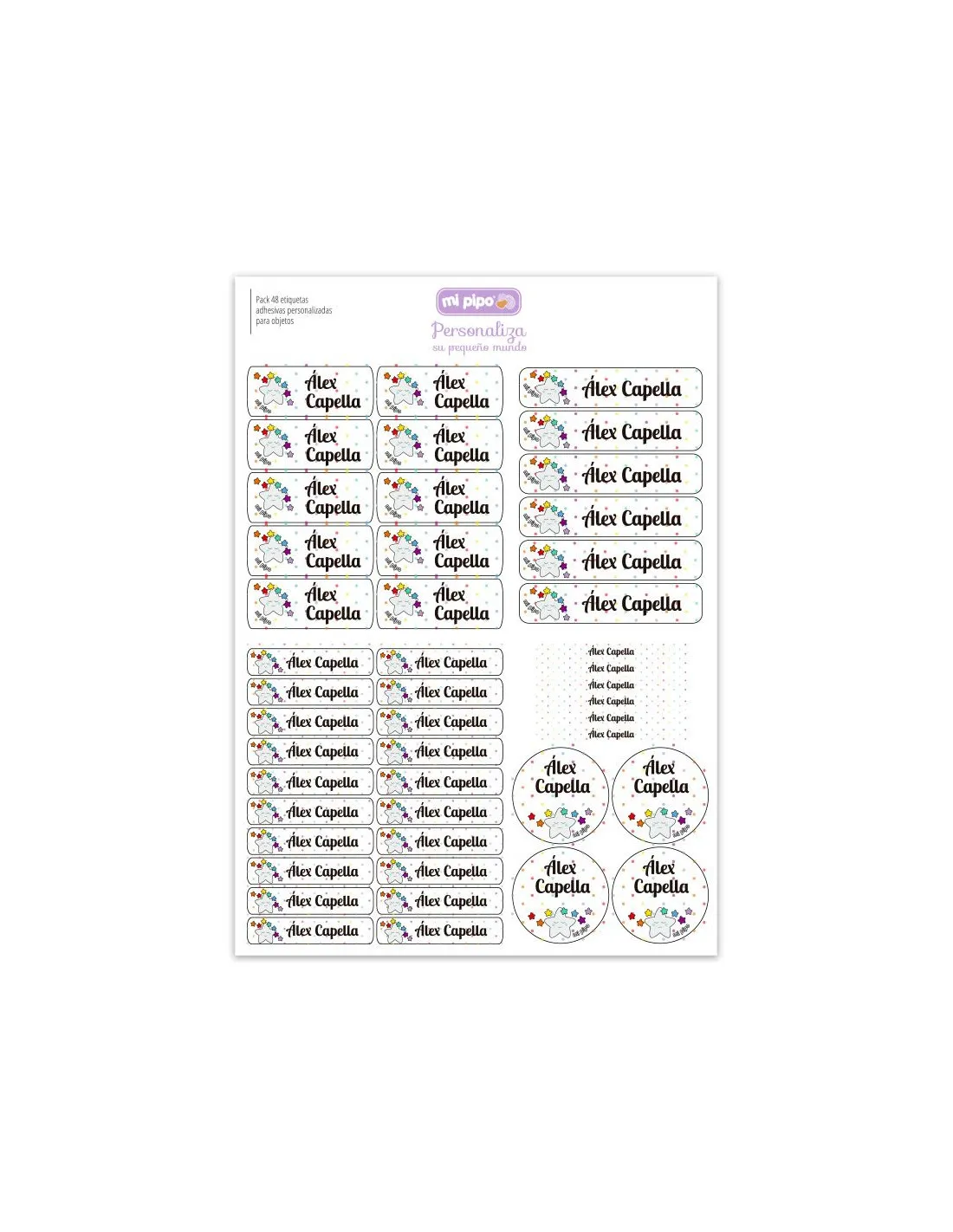 Pack 46 etiquetas personalizadas para objetos Estrella arcoiris Mi Pipo
