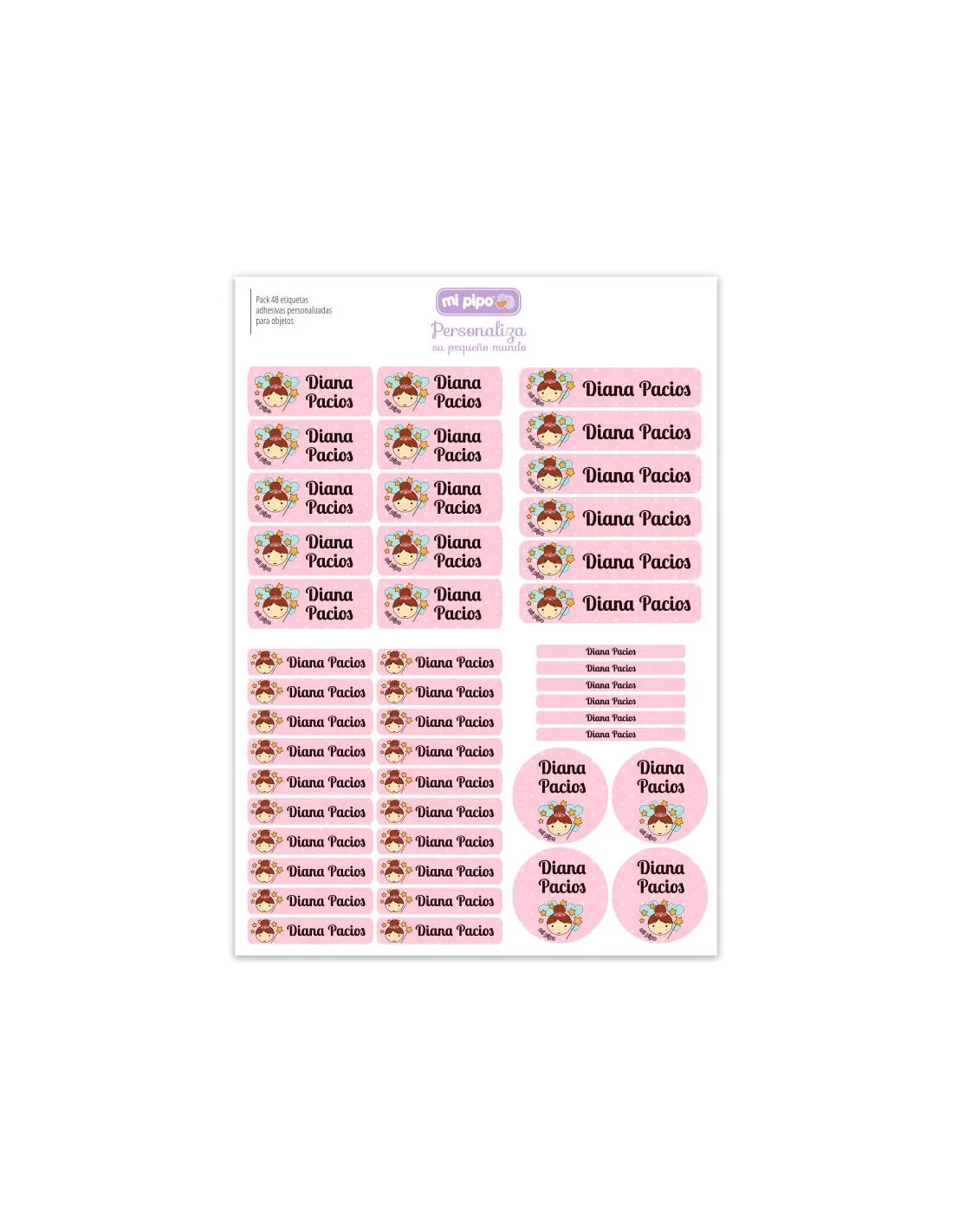 Pack 46 etiquetas personalizadas para objetos Hada rosa Mi Pipo