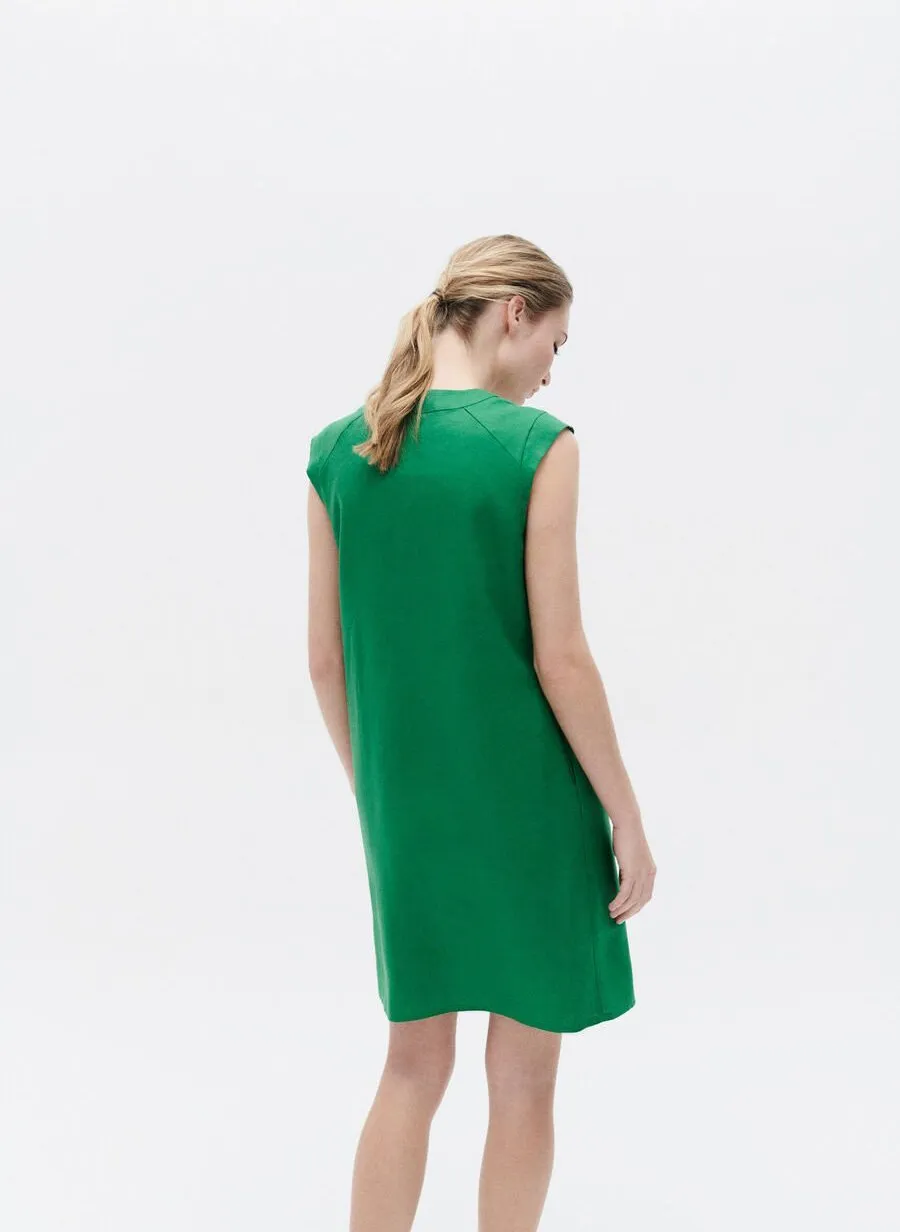 PAMELA  VESTIDO RECTO DE LINO CON CUELLO DE PICO EN VERDE