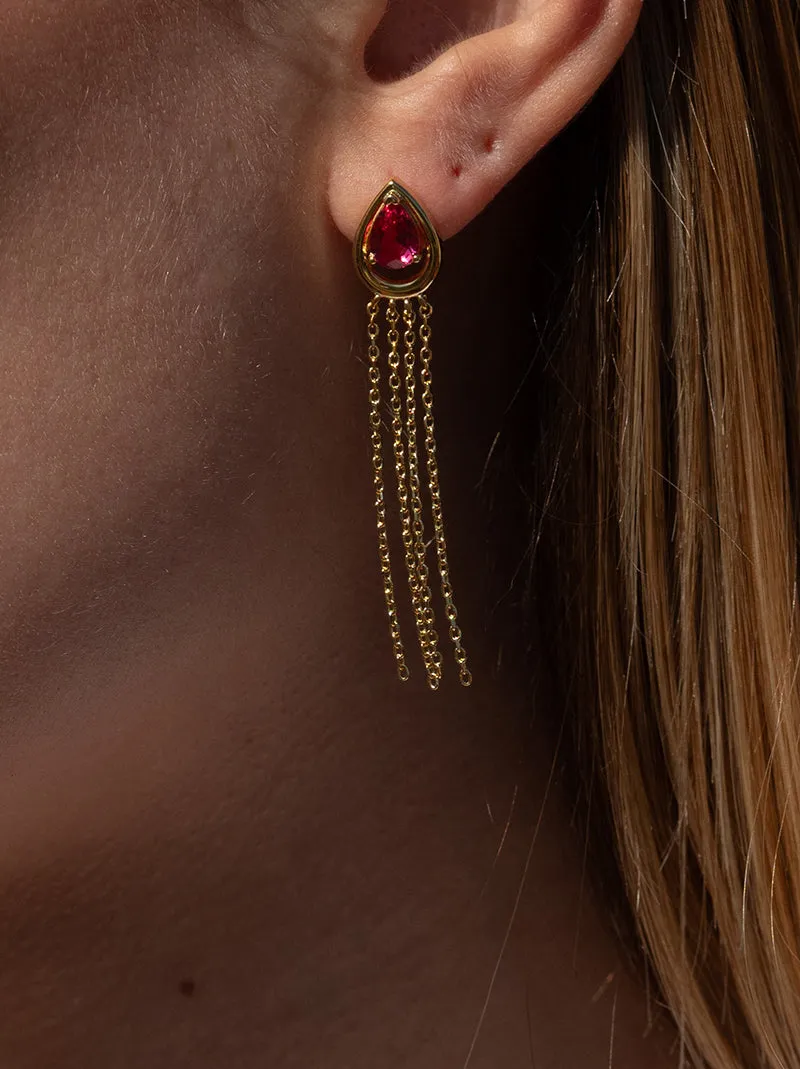 Pendientes largos de plata diseo cortina con gema rubí