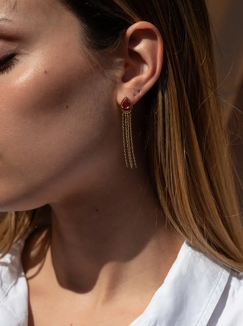 Pendientes largos de plata diseo cortina con gema rubí