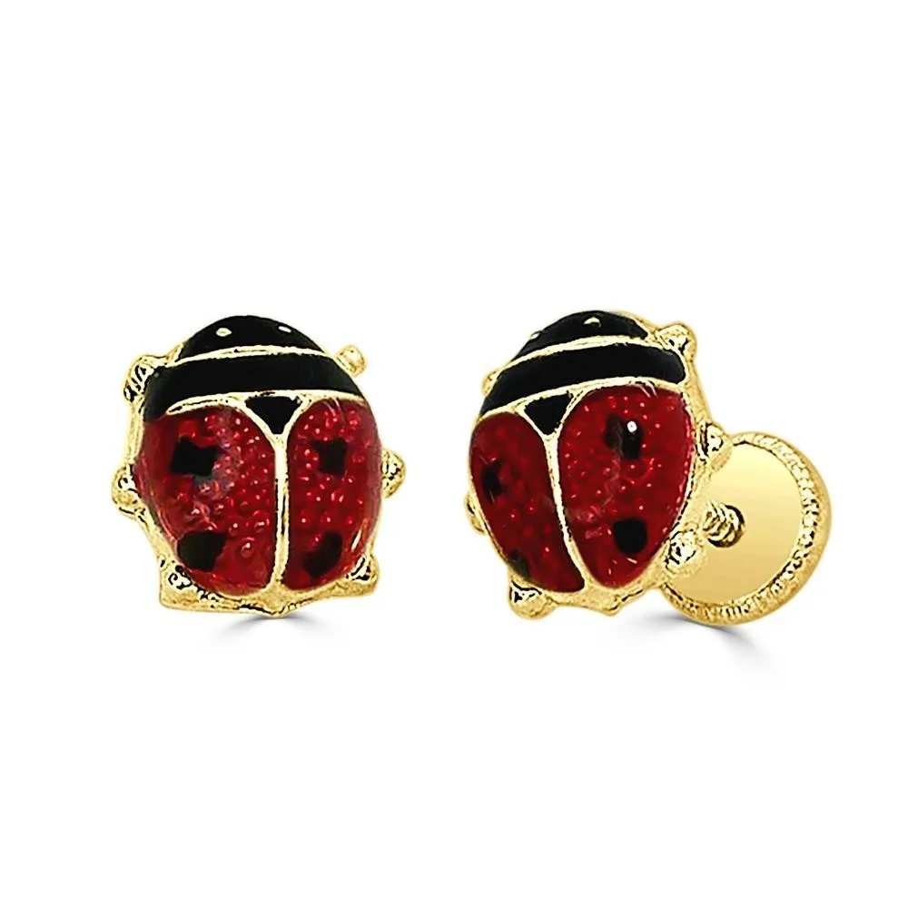 Pendientes oro 18k para niña Mariquita con esmalte. Diámetro 7mm. Cierre de rosca