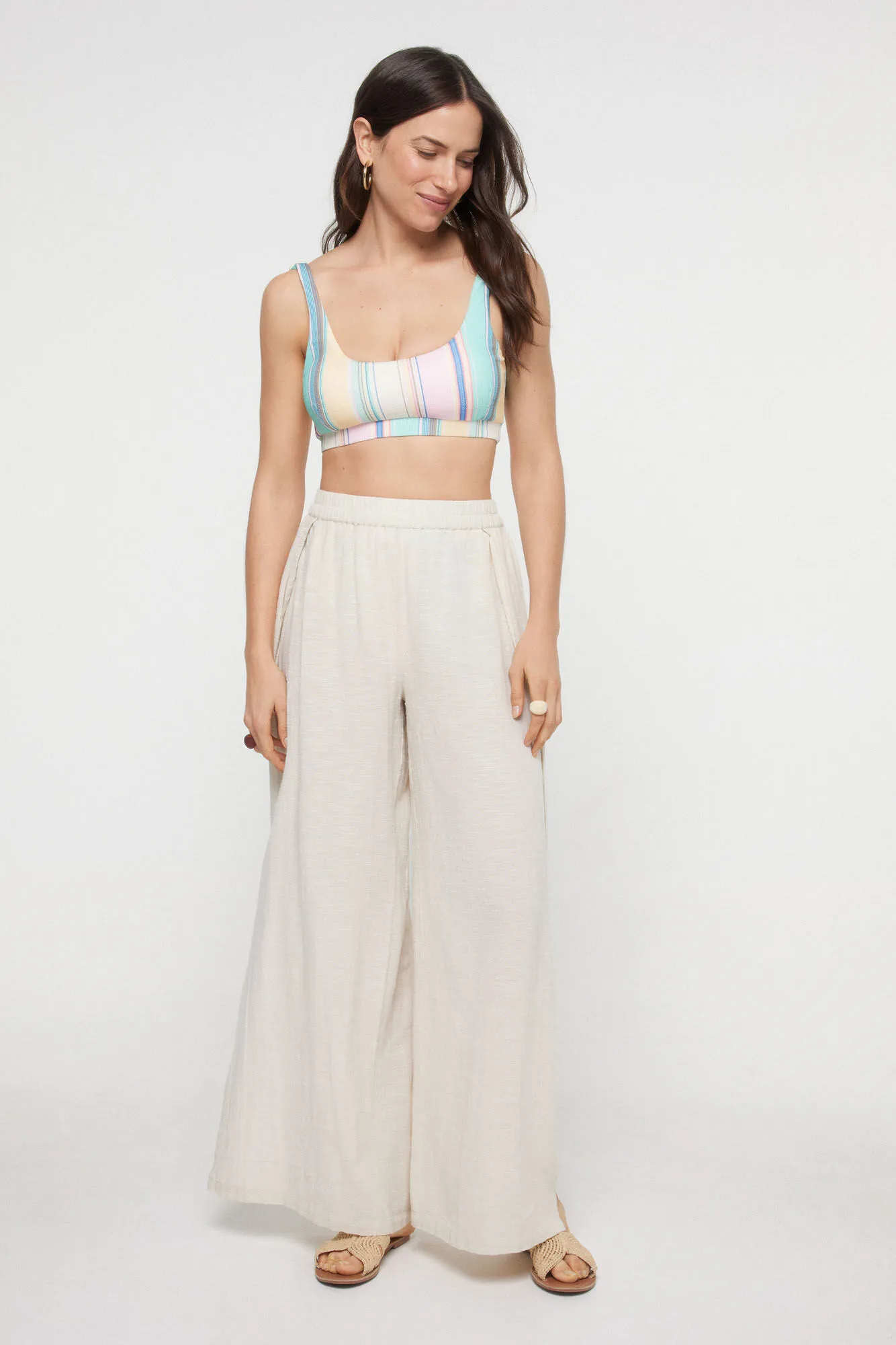 Pieces Pantalón largo mujer de lino y algodón con cintura elástica