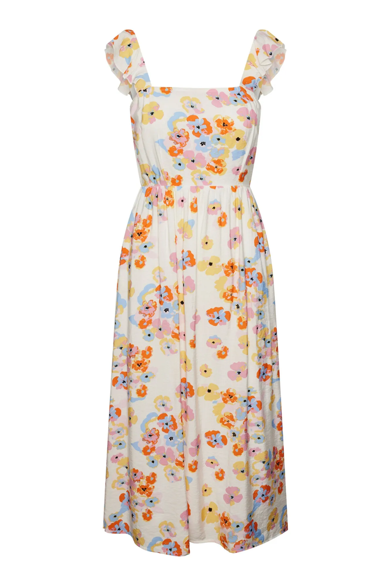 Pieces Vestido midi de tirante con volante y estampado floral.