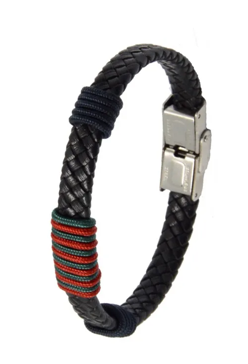PULSERA EN PIEL TRENZADA NEGRA DETALLE AZUL, VERDE Y ROJO  2371Z2ARL