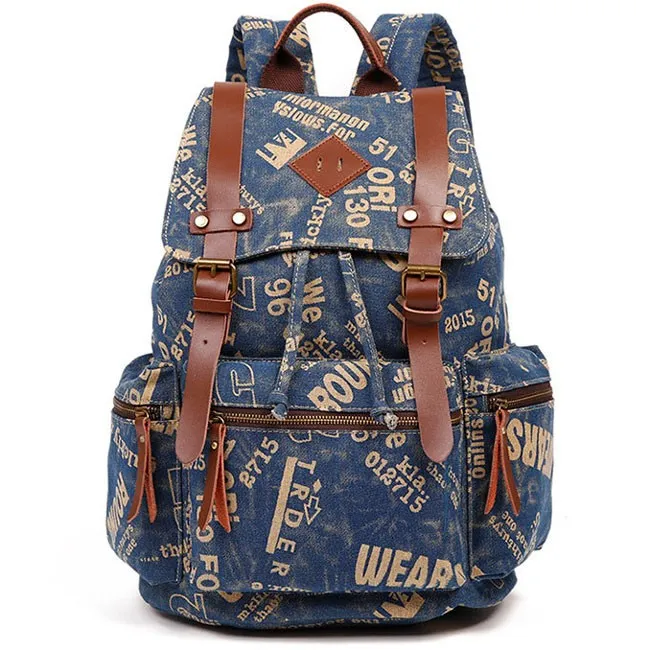 Retro Outdoor Backpacks Climbing Rucksack Large PU Belt Canvas School Backpack