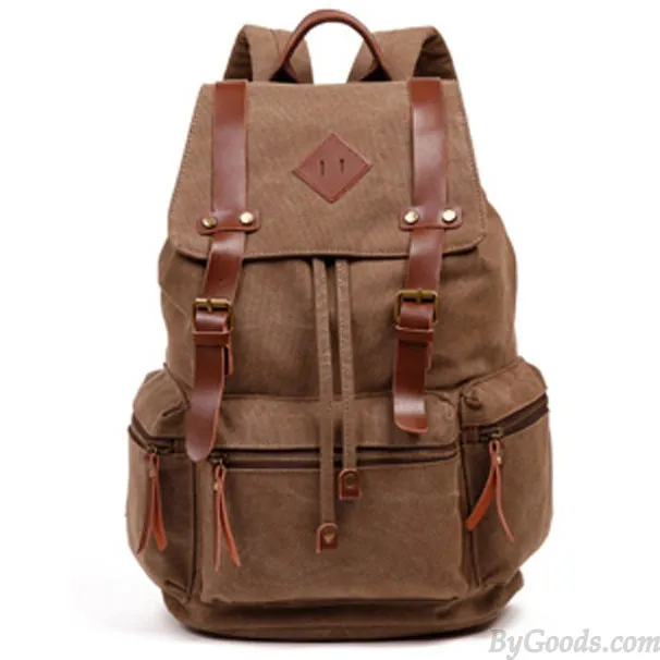 Retro Outdoor Backpacks Climbing Rucksack Large PU Belt Canvas School Backpack