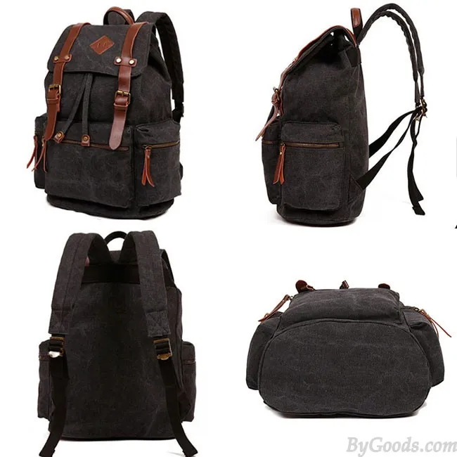 Retro Outdoor Backpacks Climbing Rucksack Large PU Belt Canvas School Backpack