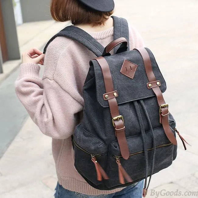 Retro Outdoor Backpacks Climbing Rucksack Large PU Belt Canvas School Backpack