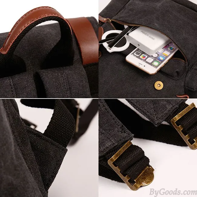 Retro Outdoor Backpacks Climbing Rucksack Large PU Belt Canvas School Backpack