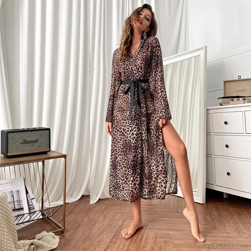 Sexy Leopard Open Front Long Sleeve Sheer Gown Dress Bathrobes Chemise Babydoll Tie Belt Lingerie Nightgown Nightdress Kimono Ro