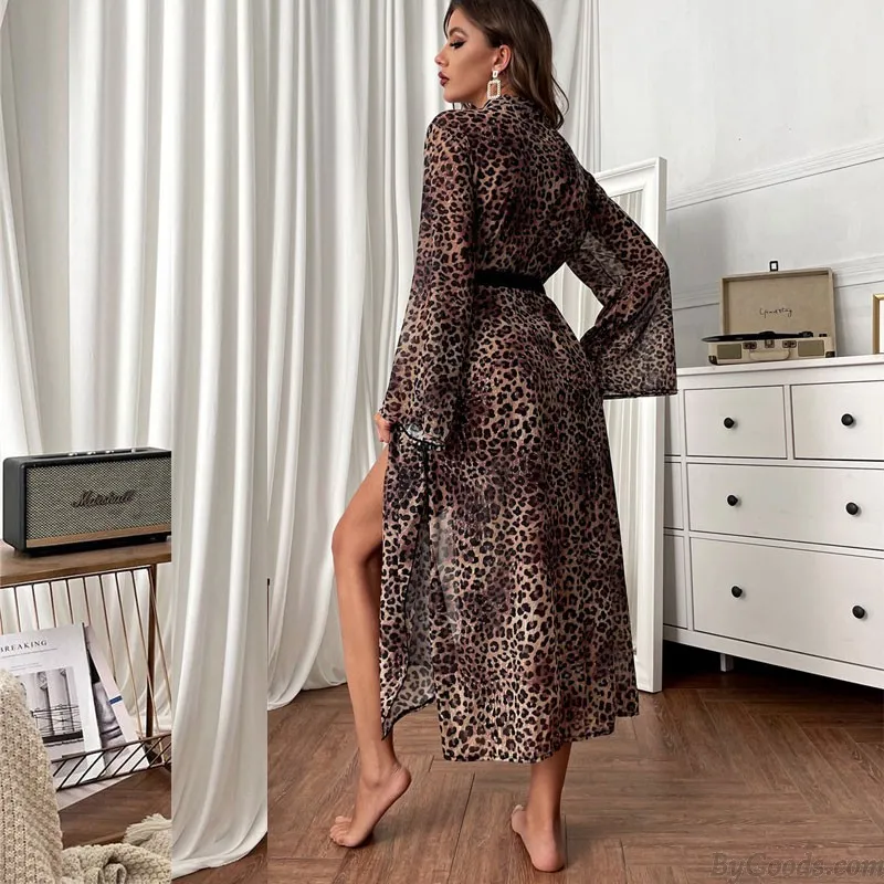 Sexy Leopard Open Front Long Sleeve Sheer Gown Dress Bathrobes Chemise Babydoll Tie Belt Lingerie Nightgown Nightdress Kimono Ro