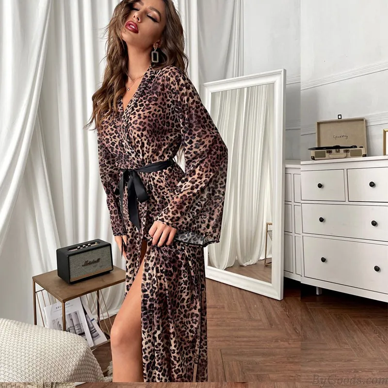 Sexy Leopard Open Front Long Sleeve Sheer Gown Dress Bathrobes Chemise Babydoll Tie Belt Lingerie Nightgown Nightdress Kimono Ro