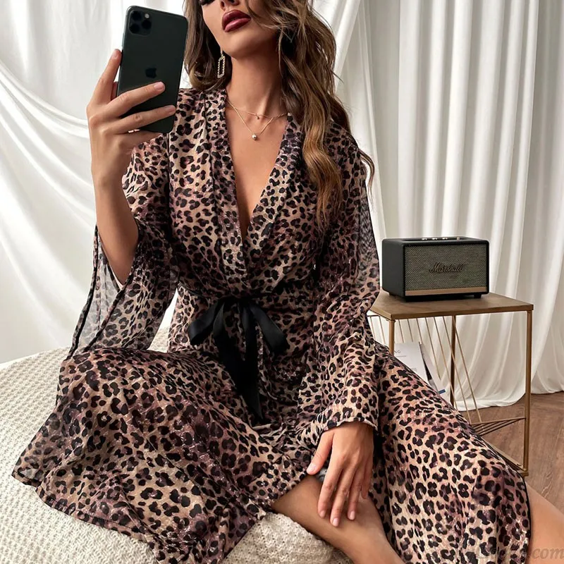 Sexy Leopard Open Front Long Sleeve Sheer Gown Dress Bathrobes Chemise Babydoll Tie Belt Lingerie Nightgown Nightdress Kimono Ro