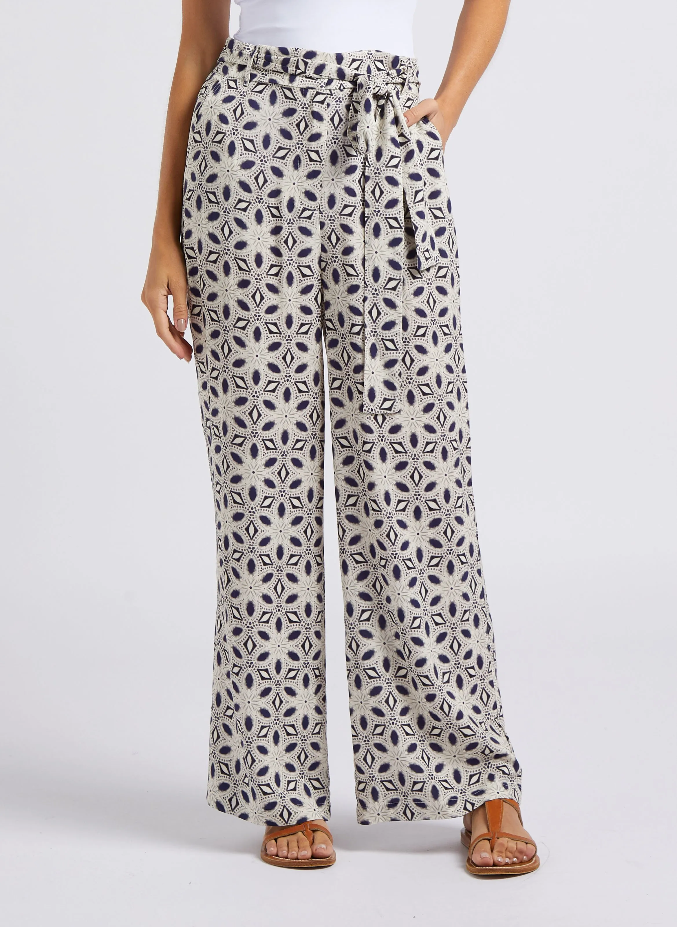 SUD EXPRESS PAGADIR  PANTALóN ANCHO DE TALLE ALTO ESTAMPADO EN AZUL