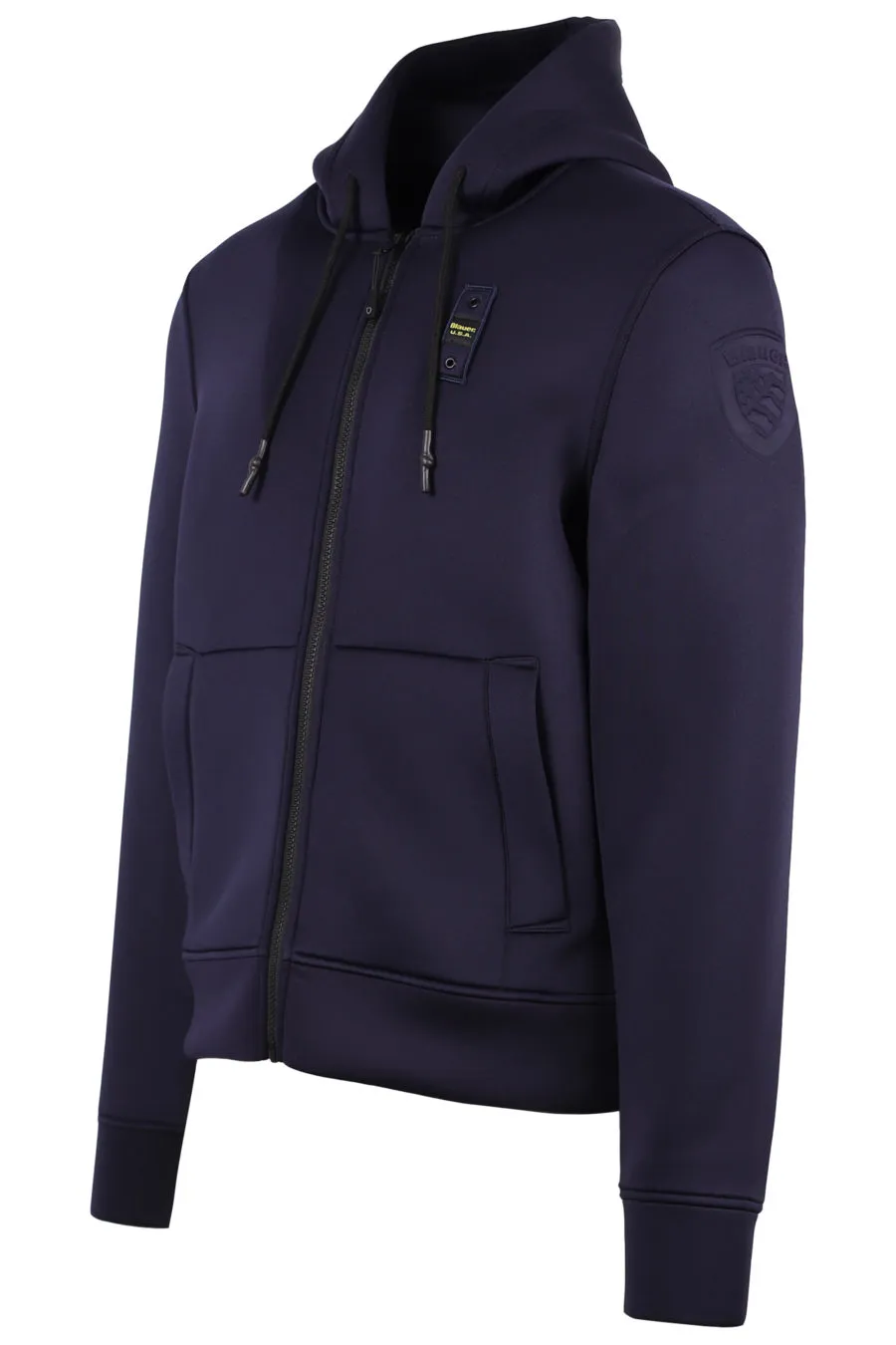 Sudadera azul de neopreno con capucha y cremallera
