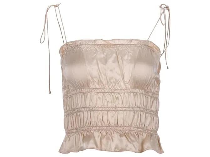 Top fruncido con volantes en seda color marfil Viviana de Reformation Blanco Crudo 