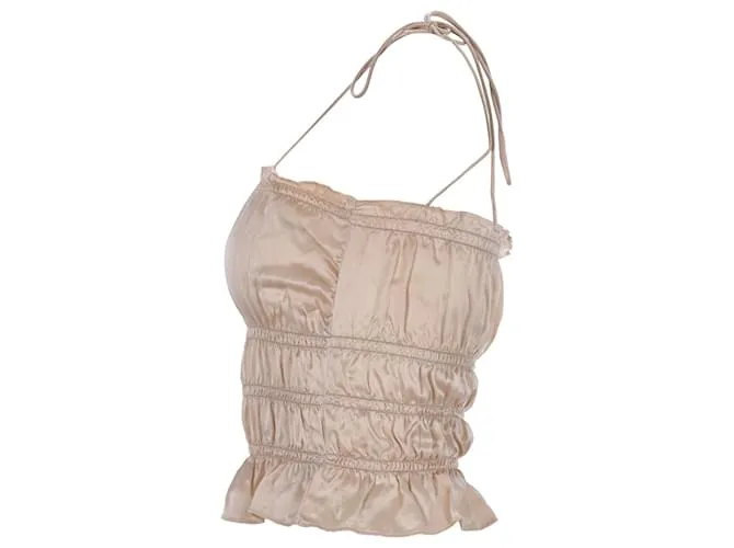 Top fruncido con volantes en seda color marfil Viviana de Reformation Blanco Crudo 