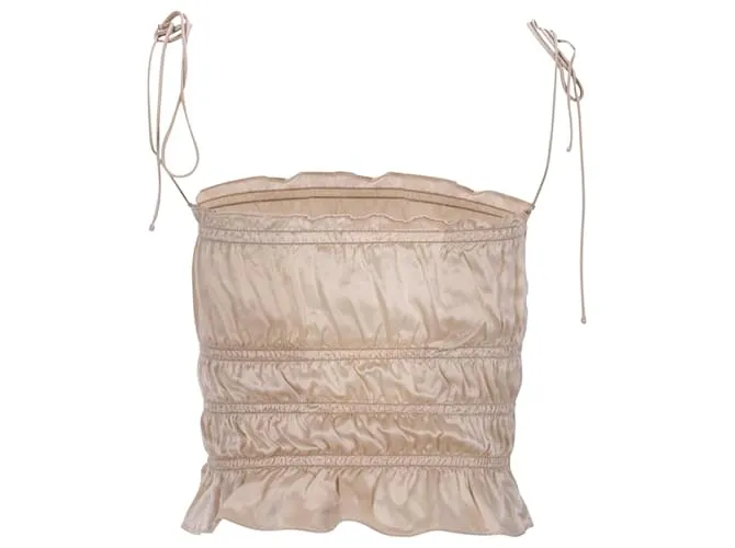 Top fruncido con volantes en seda color marfil Viviana de Reformation Blanco Crudo 