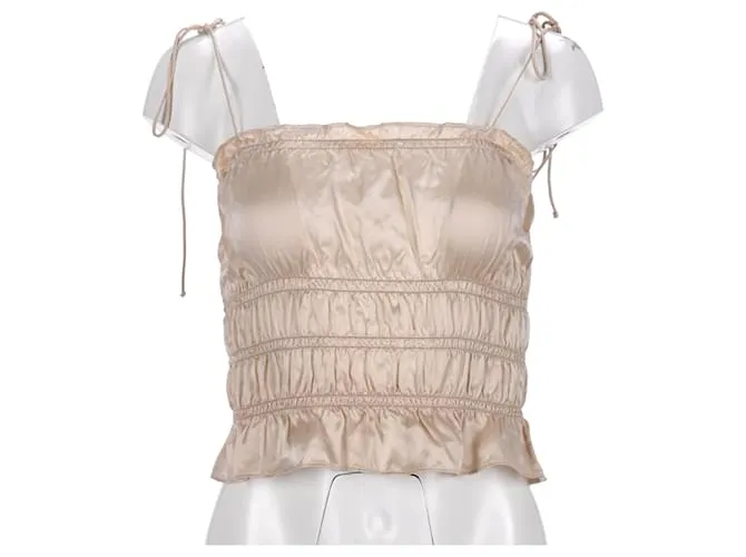 Top fruncido con volantes en seda color marfil Viviana de Reformation Blanco Crudo 
