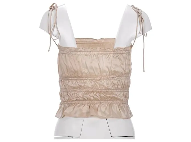 Top fruncido con volantes en seda color marfil Viviana de Reformation Blanco Crudo 
