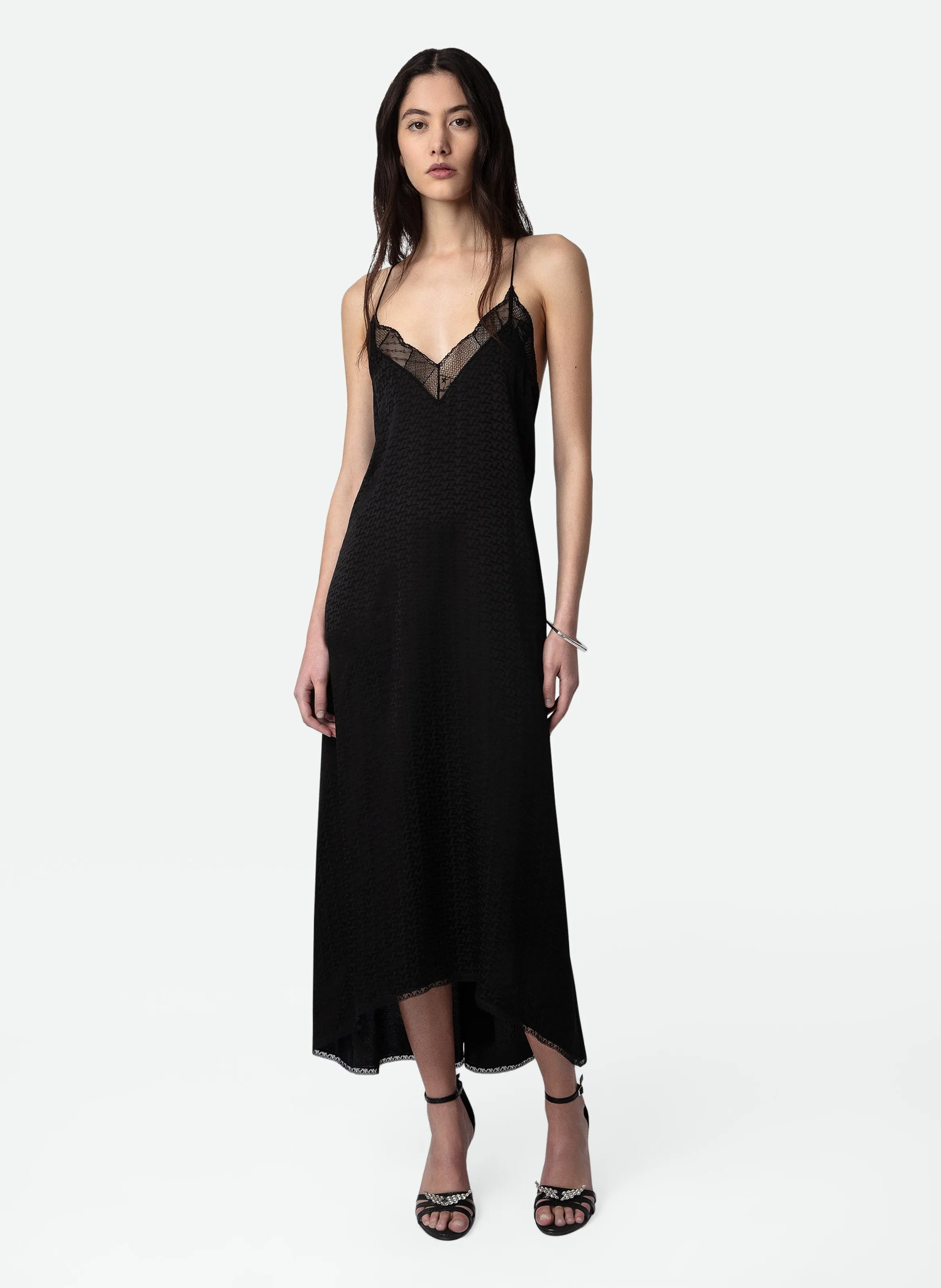 ZADIG&VOLTAIRE RISTY  VESTIDO LARGO DE SEDA JACQUARD CON CUELLO DE PICO EN NEGRO