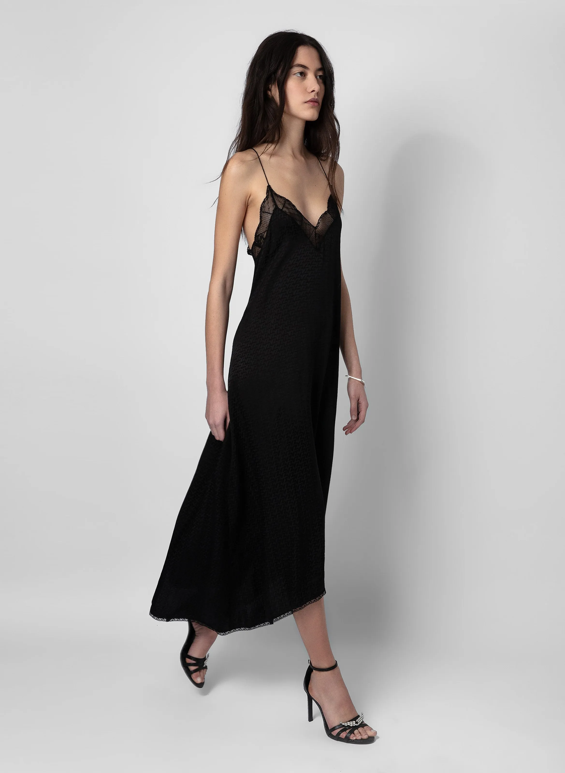 ZADIG&VOLTAIRE RISTY  VESTIDO LARGO DE SEDA JACQUARD CON CUELLO DE PICO EN NEGRO