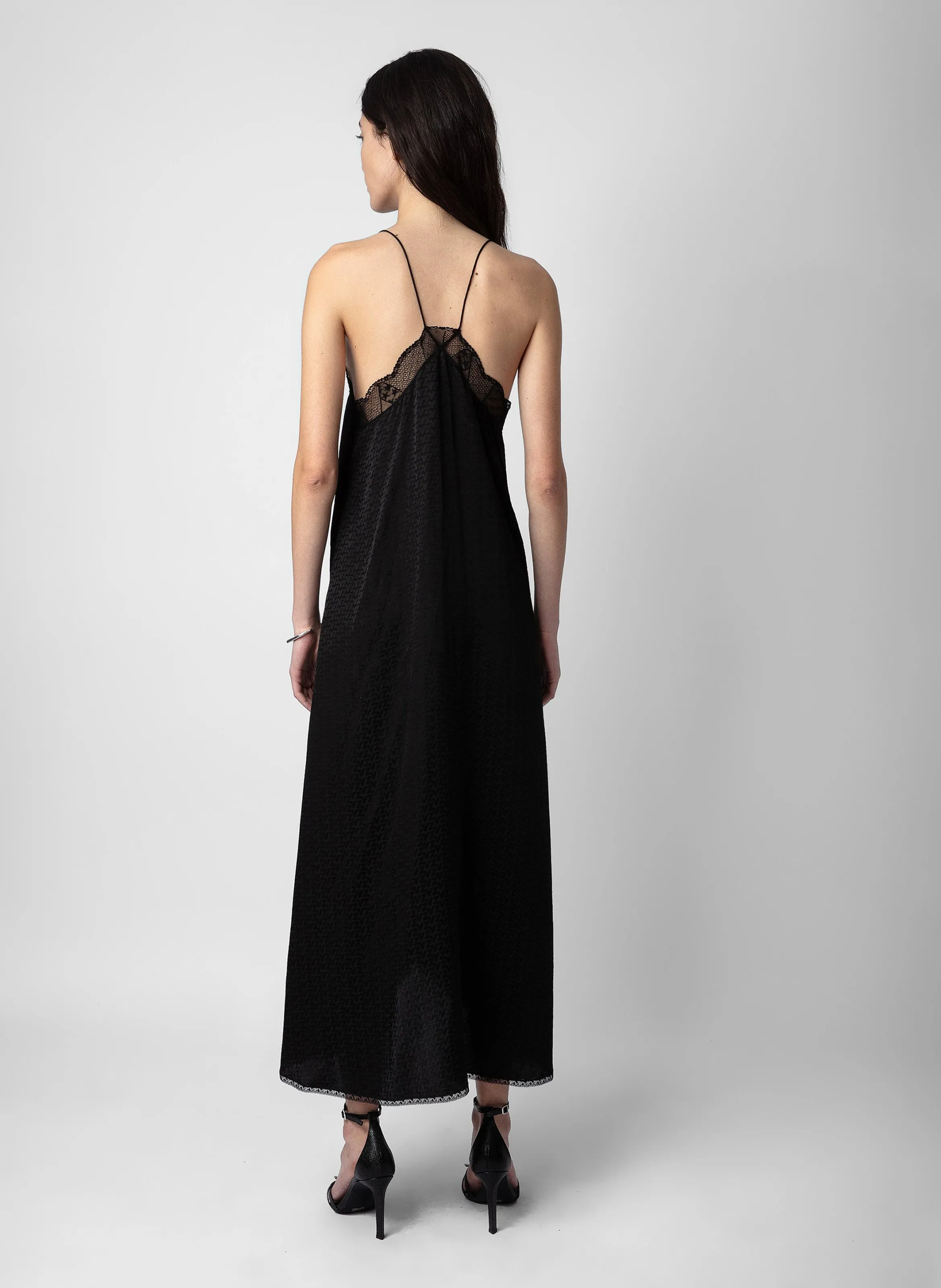 ZADIG&VOLTAIRE RISTY  VESTIDO LARGO DE SEDA JACQUARD CON CUELLO DE PICO EN NEGRO