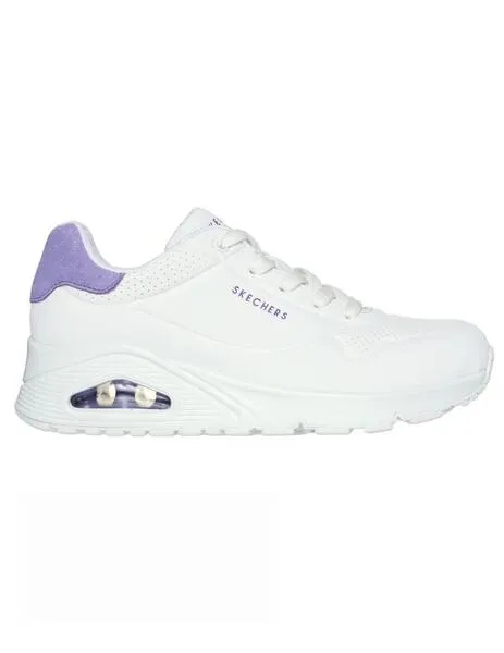 Zapatillas skechers uno pop back blanco violeta de mujer.