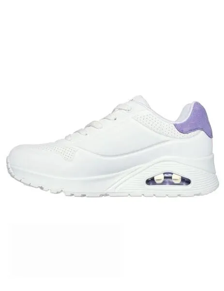 Zapatillas skechers uno pop back blanco violeta de mujer.
