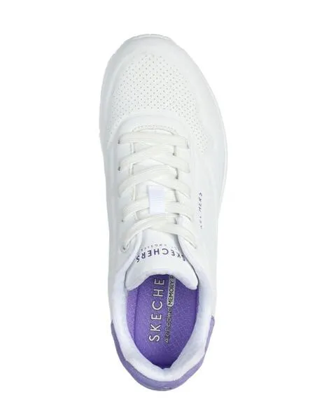 Zapatillas skechers uno pop back blanco violeta de mujer.