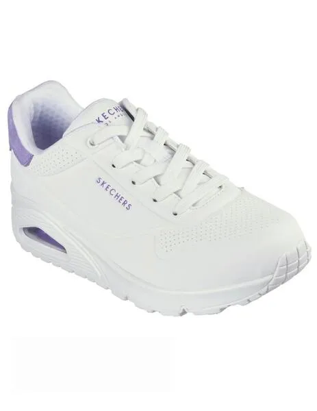 Zapatillas skechers uno pop back blanco violeta de mujer.