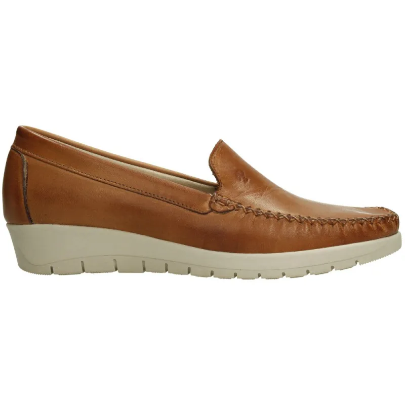 Zapatos de piel para mujer sin cordones cuña de goma y planillas acolchada en color cuero